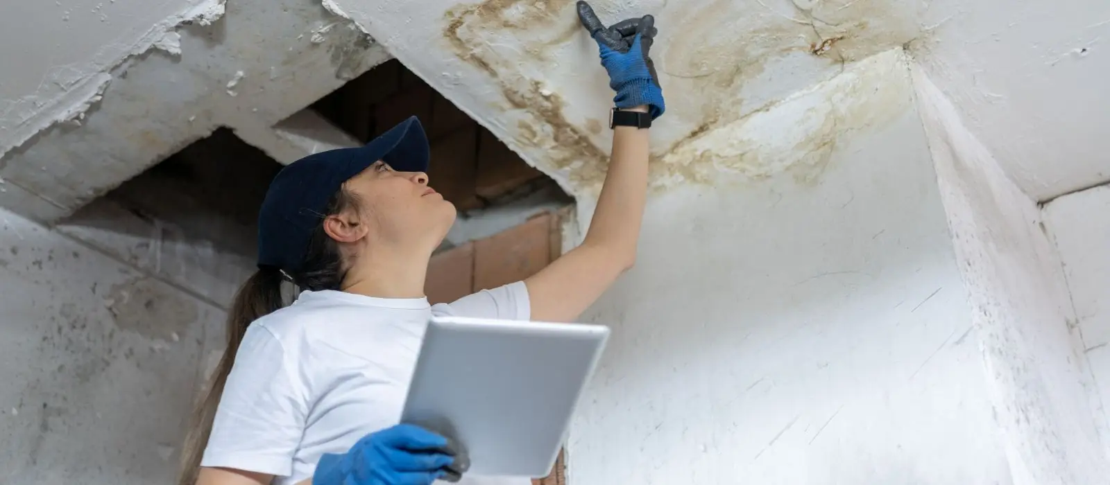 Inspector with a tablet checking a water-stained ceiling