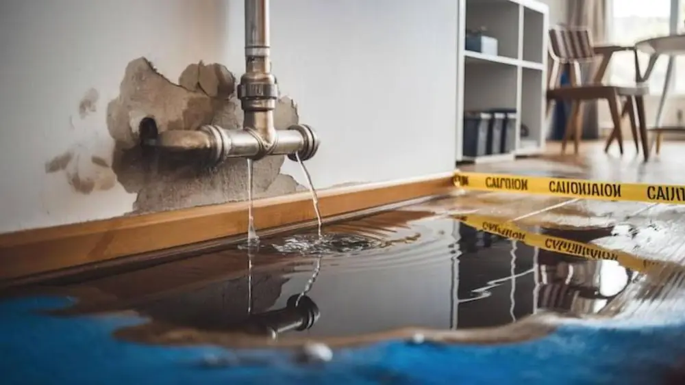 Leaking pipe over a wet floor with caution tape