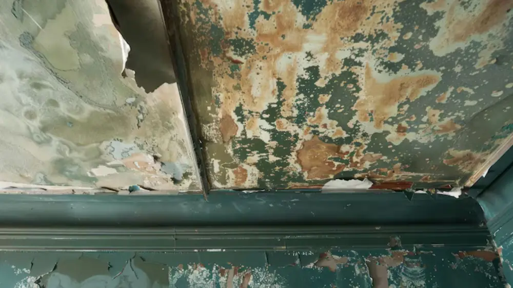 Peeling paint on a wall near a ceiling