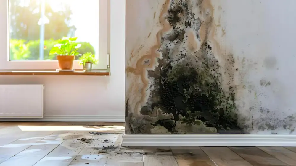 Dark mold growing in a room corner below a window
