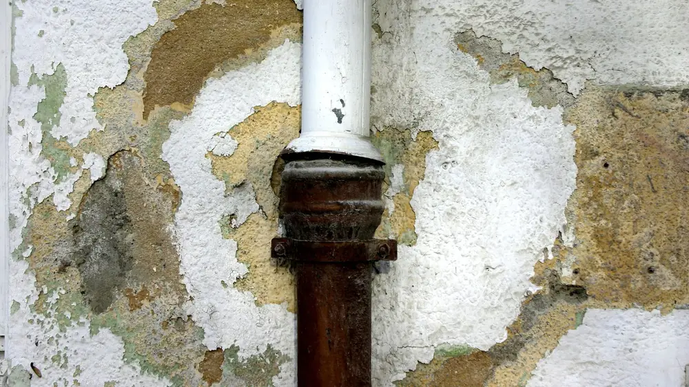 Water-stained plaster around a wall pipe