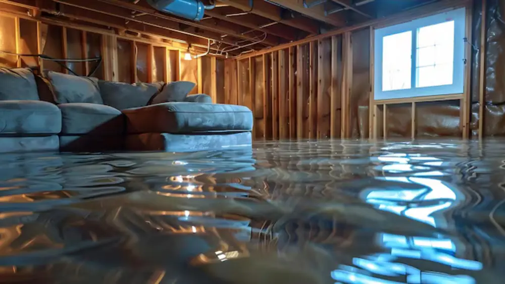 Finished basement with exposed framing and water on the floor