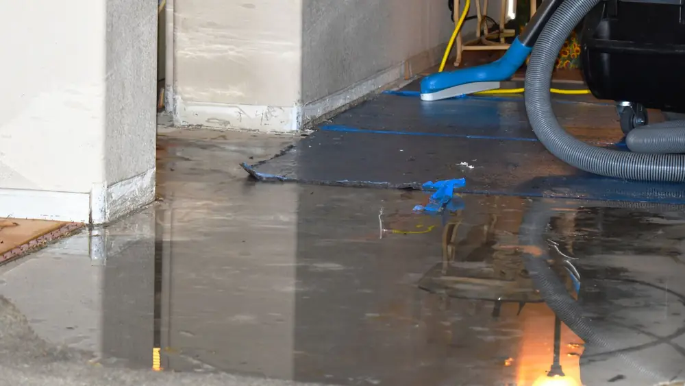 Extraction hose running across a flooded floor