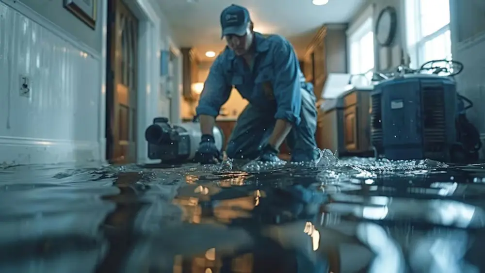 Technician with equipment working in a flooded room