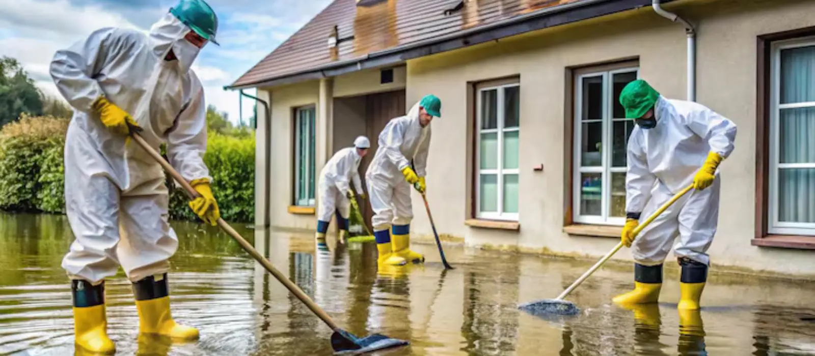 Crew in protective suits and boots clearing floodwater from around a house