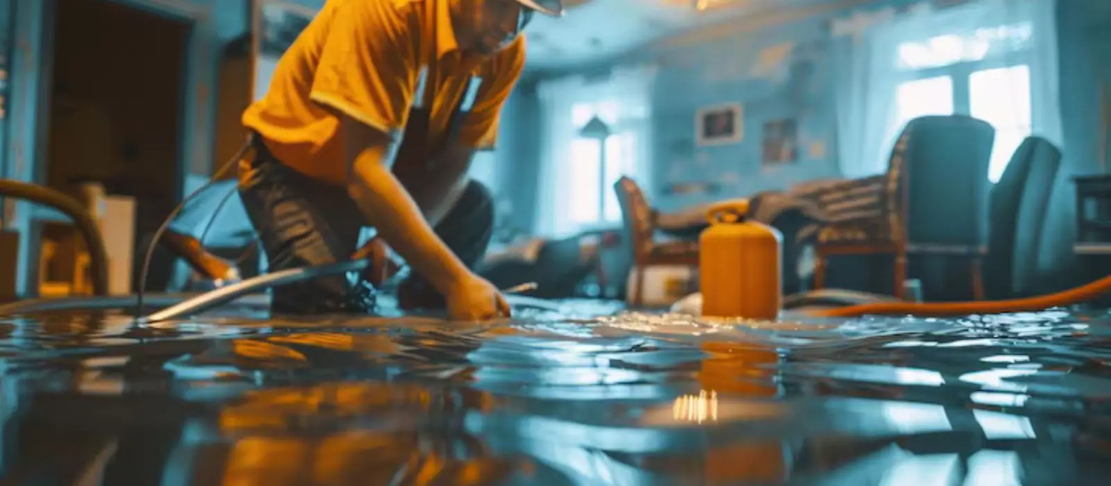 Worker cleaning up a water-damaged room with a hose